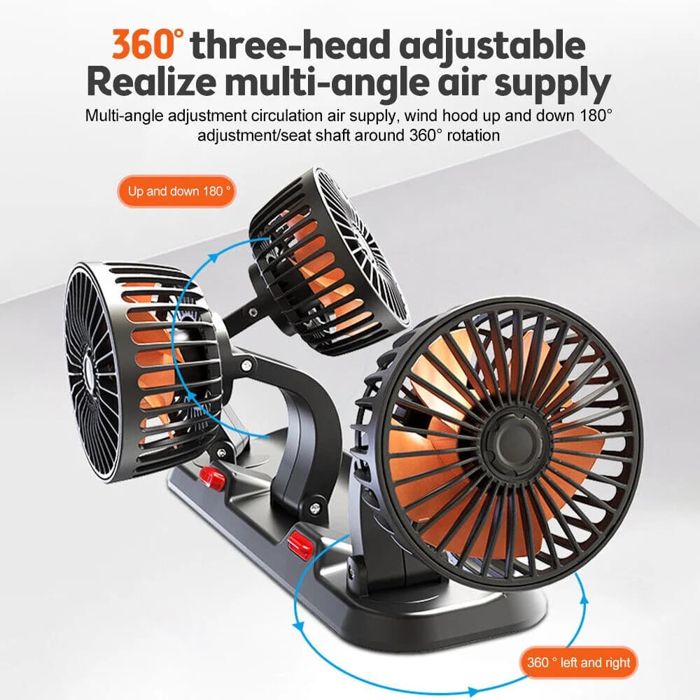 مروحة سيارة قابلة للتعديل 360 درجة، 3 رؤوس، مروحة كهربائية للسيارات، USB/12V/24V، سرعتان، مروحة صامتة للمنزل والمكتب والسيارة