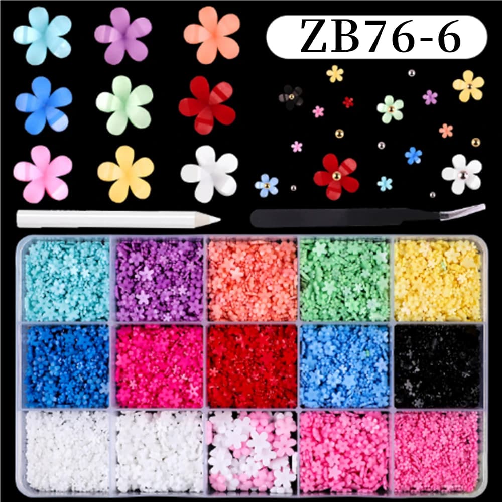 12/15Grids Acrylic Flower Nail Charms Mix Colors Set 3D Flower Nail Art Rhinestones Mixed Blossom Spring Gems DIY Nail Supplies - 2