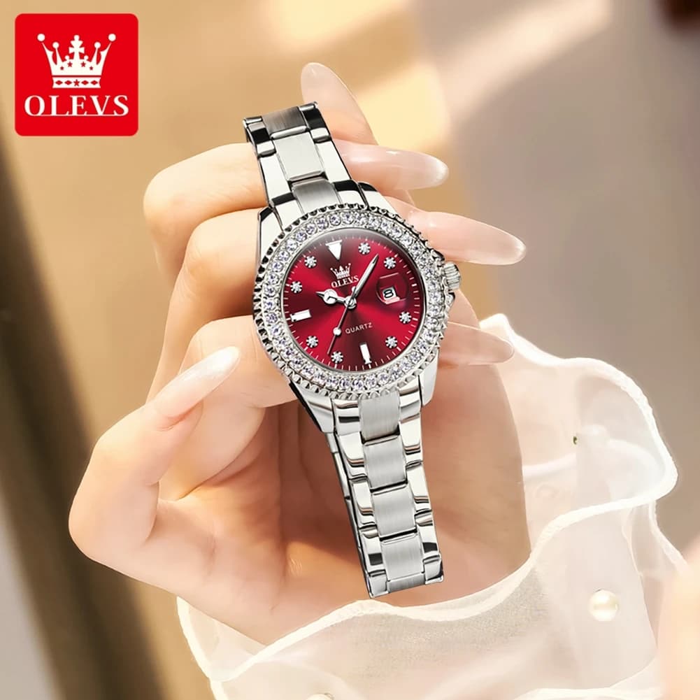 ساعة OLEVS 9945 الأصلية مرصعة بالألماس للنساء، ساعات كوارتز فاخرة وأنيقة، مقاومة للماء، ساعات يد نسائية من الفولاذ المقاوم للصدأ - 5