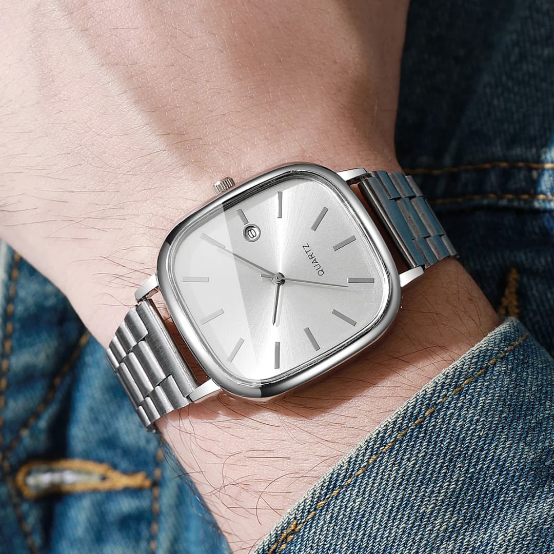 Fashion Square Men Calendar Business Watches Simple Silver Band Mens Quartz Wristwatch Clock Reloj Hombre（Without Box） - 3