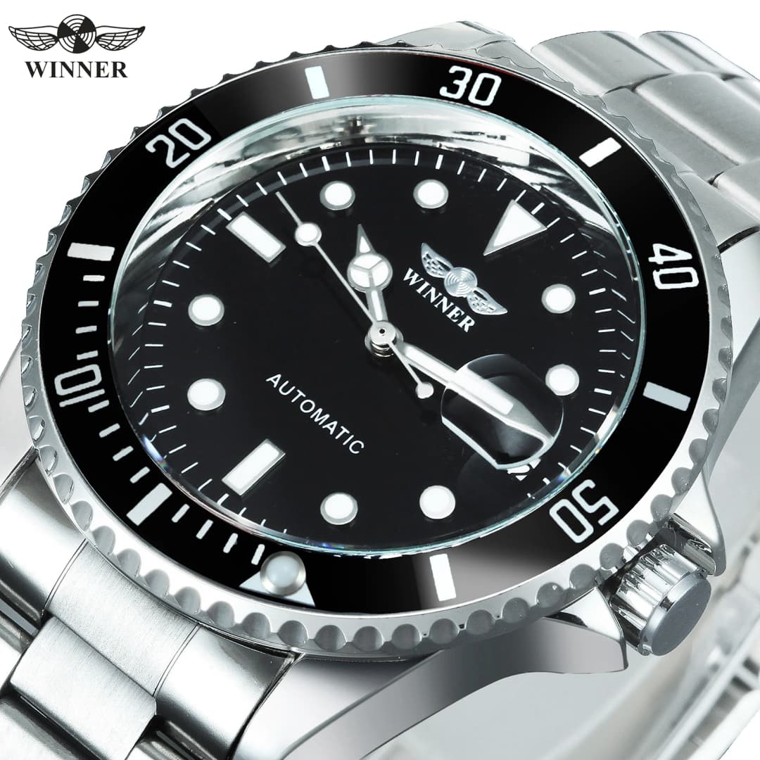 ساعات ميكانيكية كلاسيكية WINNER علامة فاخرة ساعة أعمال أوتوماتيكية للرجال إطار دوار مينا مضيء سوار فولاذي