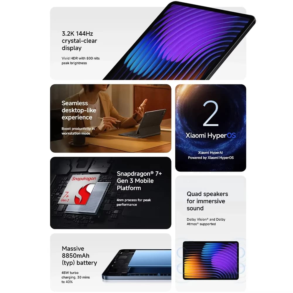 الإصدار العالمي لجهاز شاومي باد 7، معالج سناب دراجون 7+ الجيل الثالث ثماني النواة، بطارية 8850 مللي أمبير، كاميرا 13 ميجابكسل، شاشة 11.2 بوصة بدقة 3.2K ومعدل تحديث 144 هرتز - 2