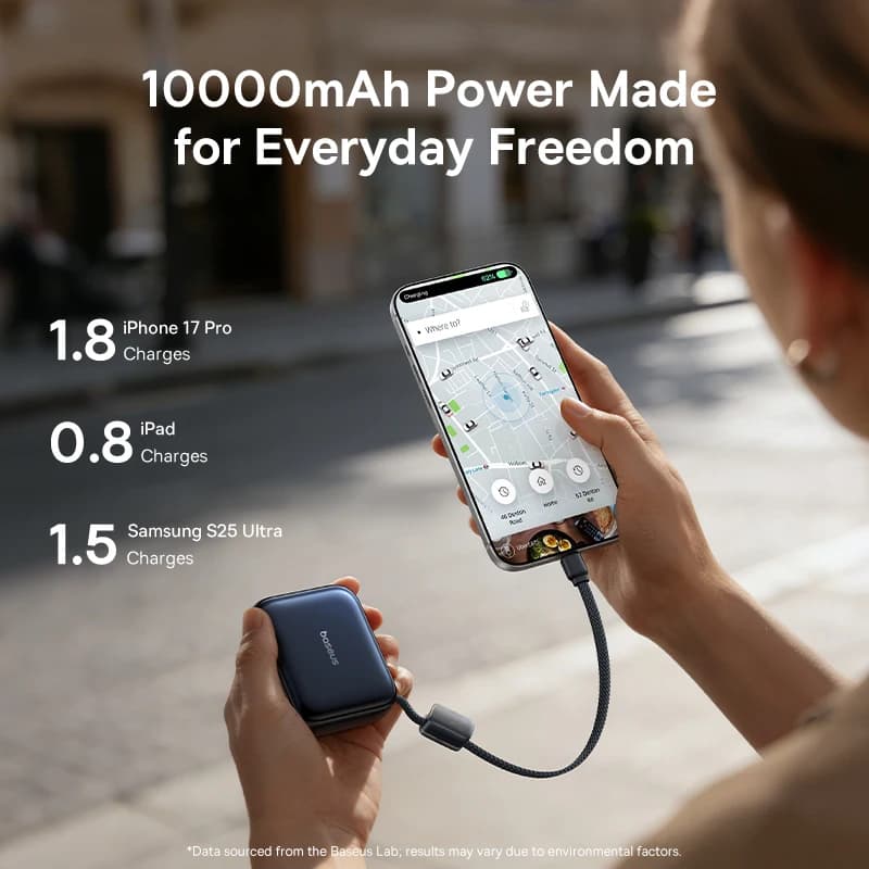 بنك طاقة Baseus ميني 45 واط 10000 مللي أمبير، كابل USB-C مدمج، حجم صغير، شحن سريع محمول لهاتف آيفون 17 وسامسونج S25 - 6