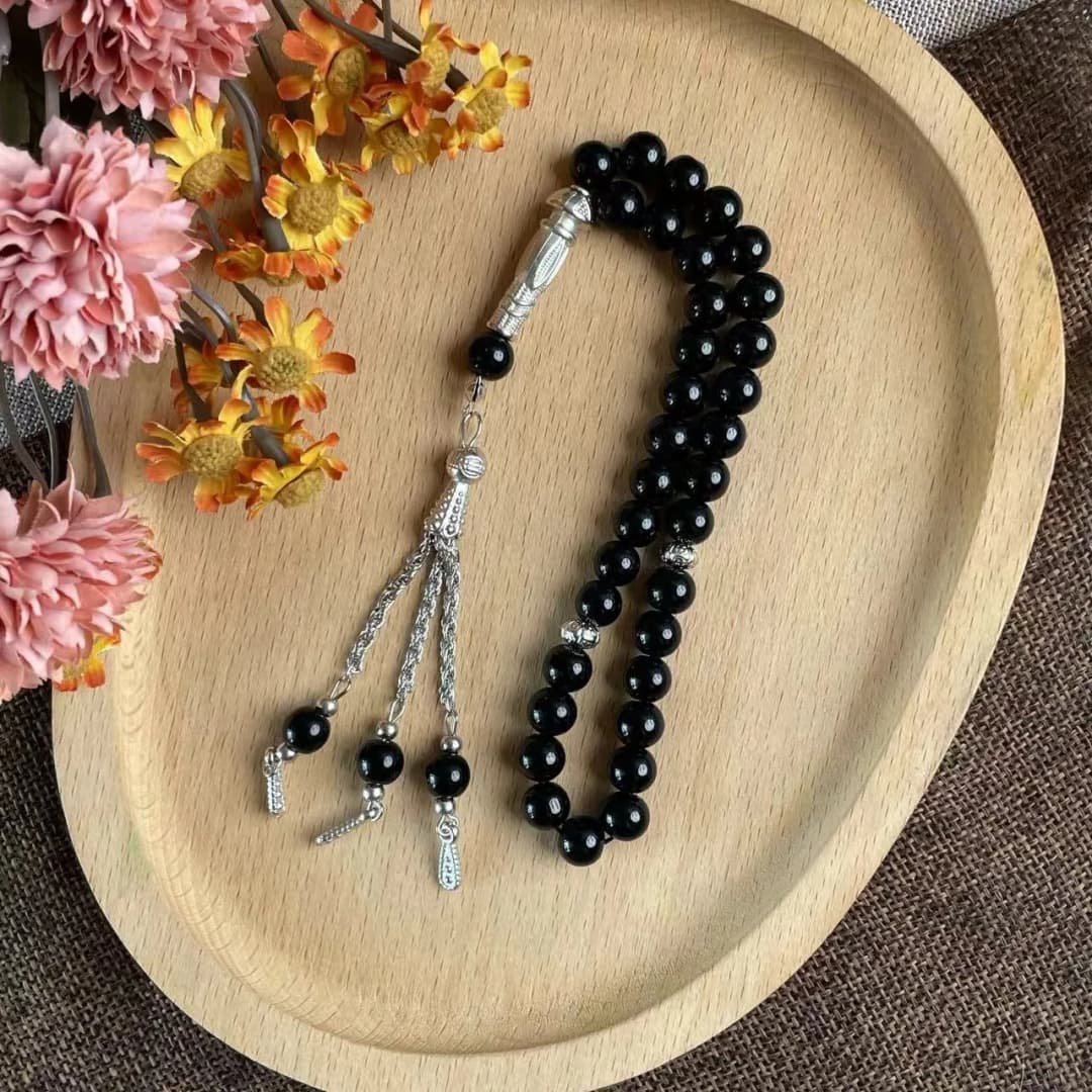 33 حبة خرز زجاجي أسود 8 ملم، مسبحة تسبيح إسلامية يدوية، شكل هندسي، أسورة تلاوة يومية للعبادة للجنسين