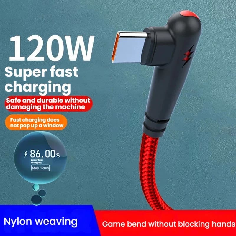 90 درجة الكوع USB نوع C كابل 120 واط شحن سريع شاحن الهاتف سلك البيانات لسامسونج شاومي هواوي شحن سريع USB C كابل - 5