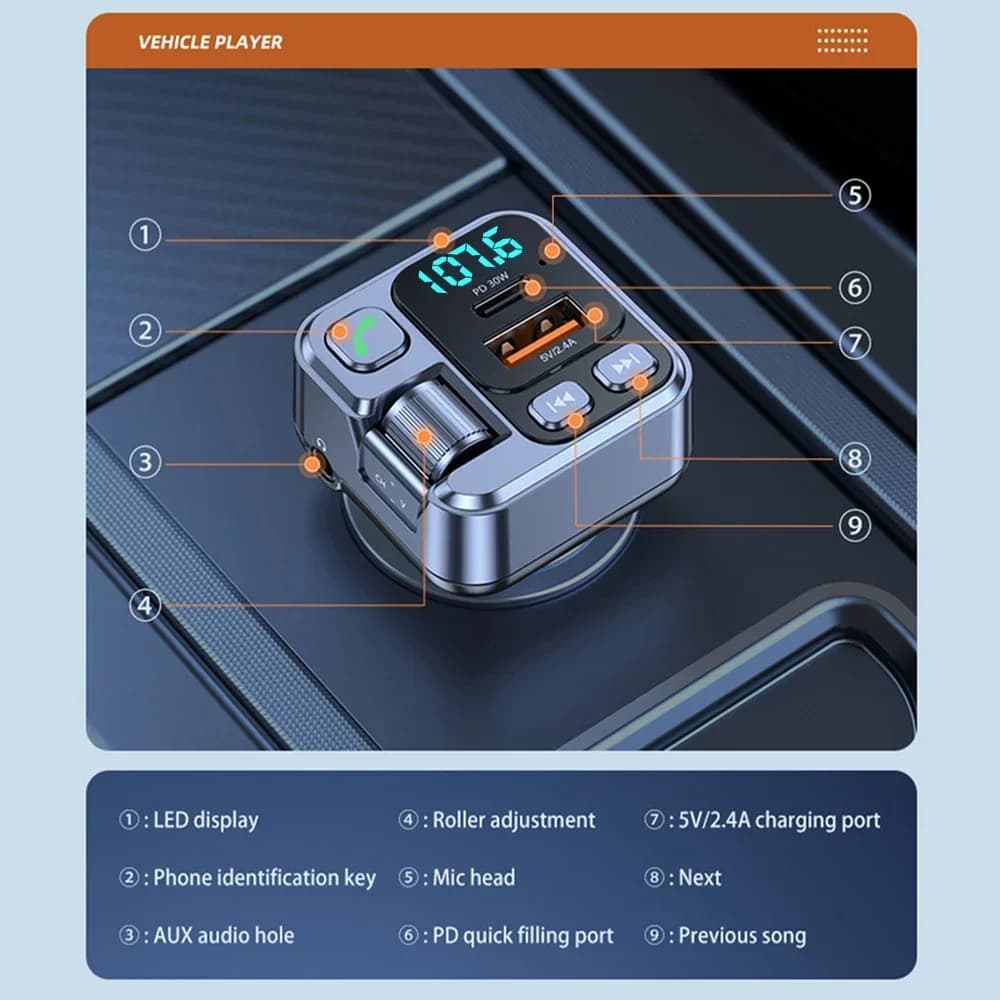 مستقبل بلوتوث للسيارة مشغل MP3 مع ولاعة سجائر وشاحن، مزود بمنفذي USB-A وUSB-C للشحن السريع وشاشة LED وإرسال FM - 5