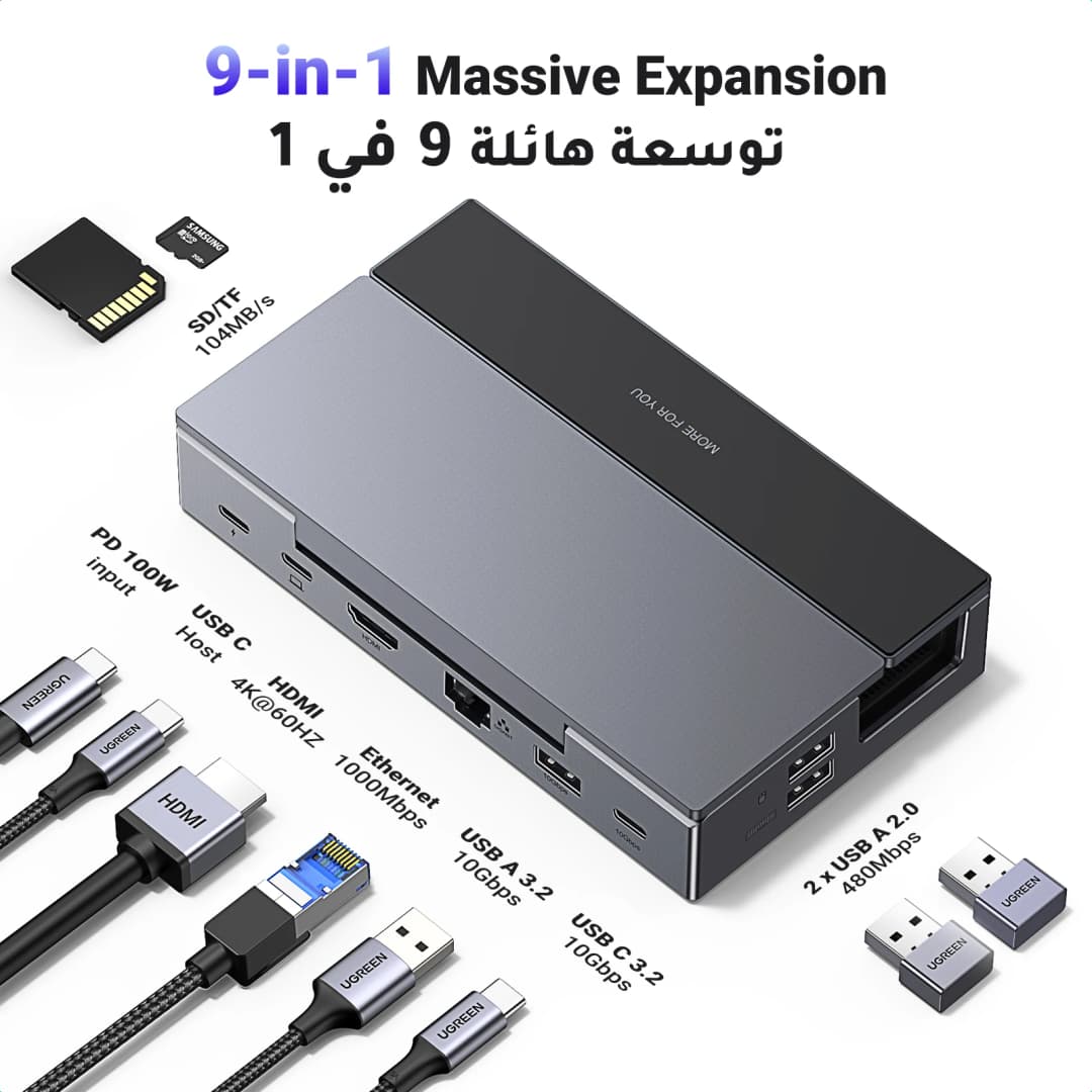 محطة UGREEN Steam Deck 4K60Hz 9 منافذ RJ45 PD100W USB C HUB متوافقة مع Steam Deck وROG Ally وLEGION Go وiPhone 15 Pro/Pro Max - 2