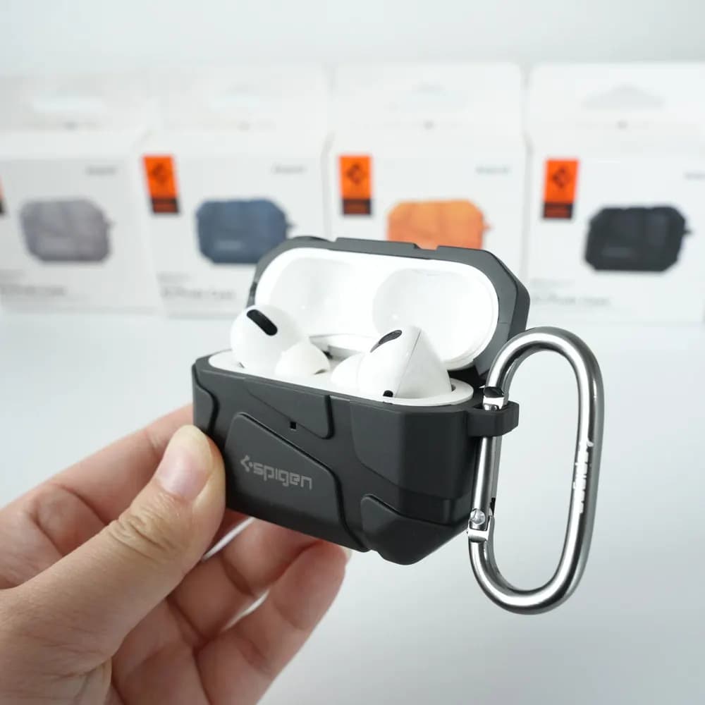 Spigen Rugged Armor Earphone Protective Case For Airpods 4/3/2/1 Pro 2 Meteorite Texture Anti Drop Headphone Cover With Keychain - 3