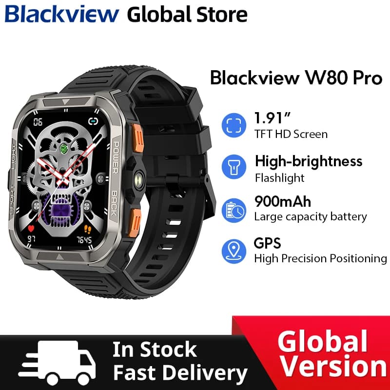 بلاك فيو W80 برو ساعة ذكية، شاشة 1.91 بوصة، جي بي إس، بوصلة، ساعة خارجية متينة، بطارية 900 مللي أمبير، كشاف LED، مكالمات بلوتوث