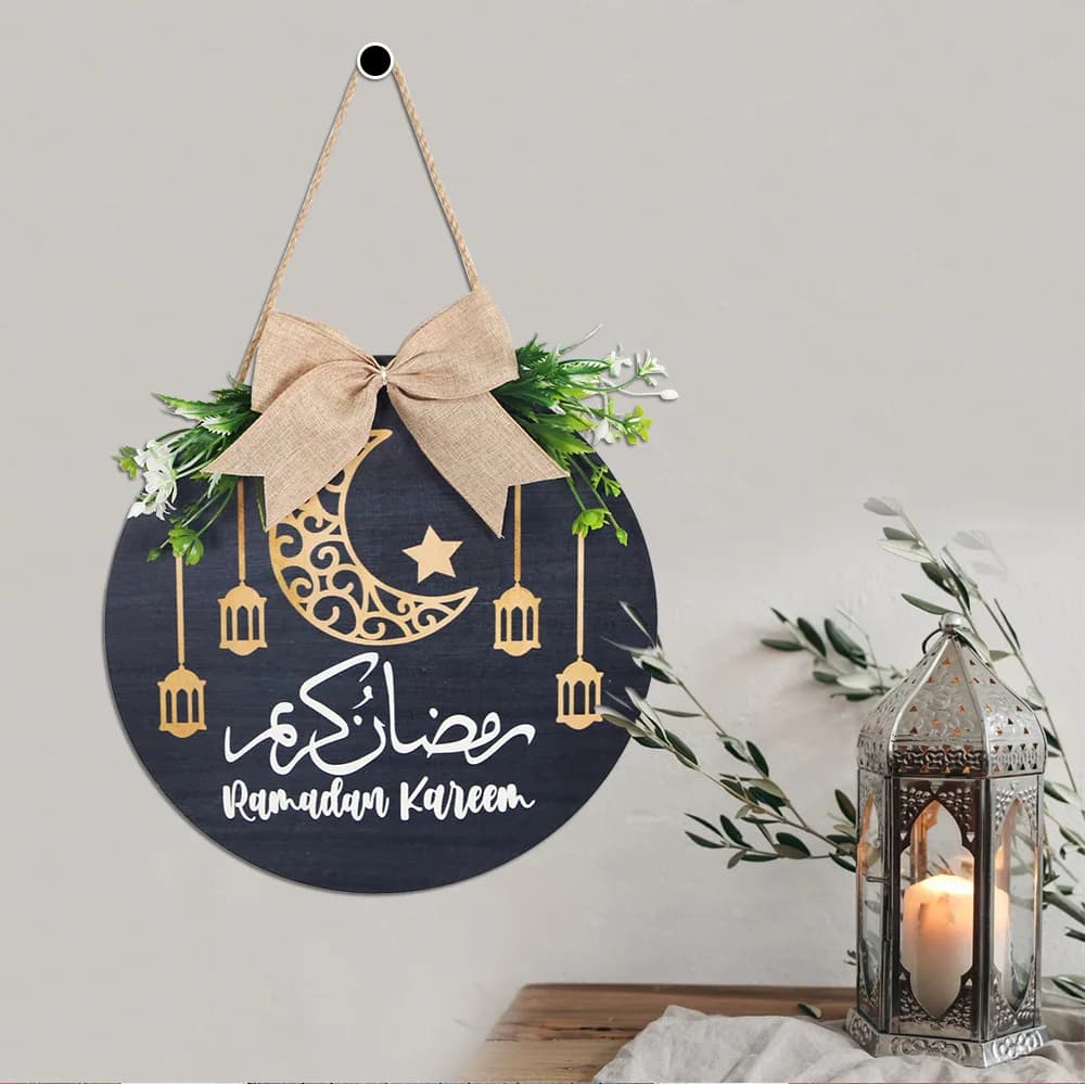 Large Elegant Ramadan Wreath Decorations Ramadan Kareem Round Hanging Door Sign Islam Eid Mubarak Muslim Home Party Supplies - 3