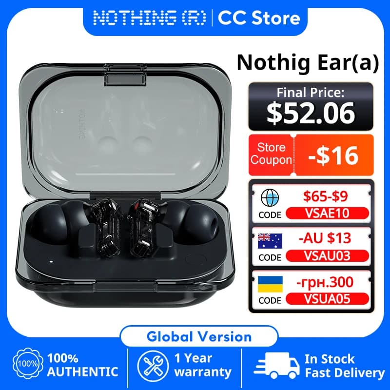 سماعات Nothing Ear (a) بلوتوث إصدار عالمي، إلغاء ضوضاء نشط 45dB، تشغيل حتى 42.5 ساعة مع دعم AAC SBC LDAC