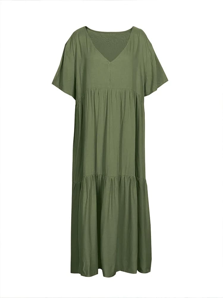 plus Size Women's Casual Loose V-Neck Solid Long Dress Spring Summer Pleated Big Size Women's Dress - 3