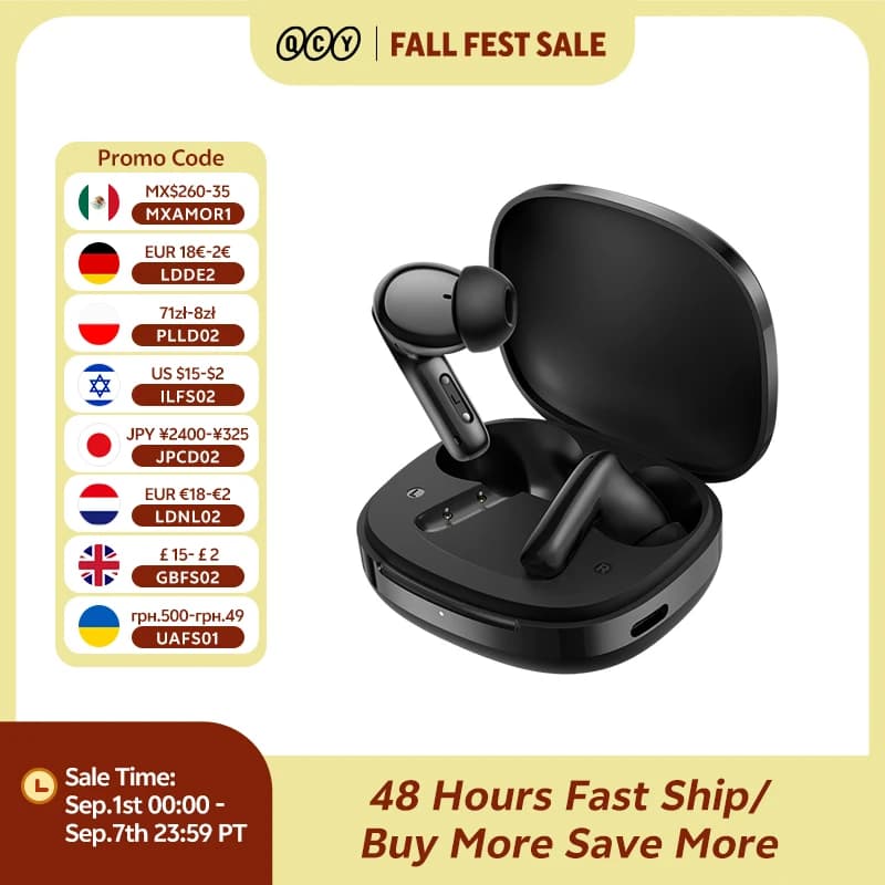 سماعات الأذن اللاسلكية QCY T13 Pro HT23 مع تقنية ANC التكيفية ومكبرات صوت 13 ملم وباس قوي وعزل ضوضاء هجين 50dB وتقنية Bluetooth 6.0 و6 ميكروفونات ENC و47 ساعة تشغيل