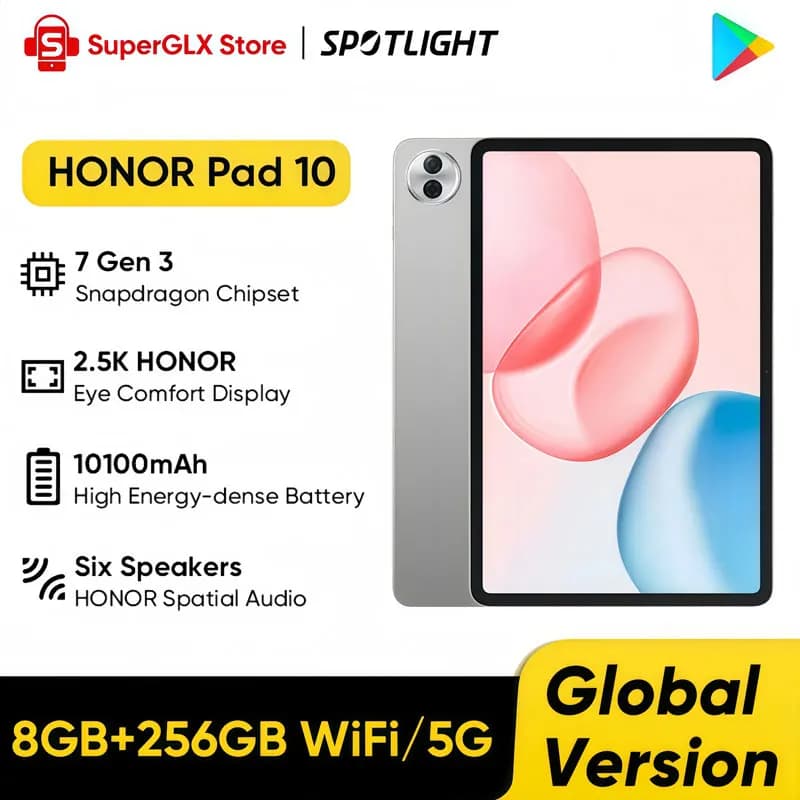 100% نسخة عالمية أصلية HONOR Pad 10 معالج Snapdragon 7 Gen 3 شاشة LCD مقاس 12.1 بوصة بطارية 10100mAh شحن فائق HONOR 35W نظام MagicOS 9.0