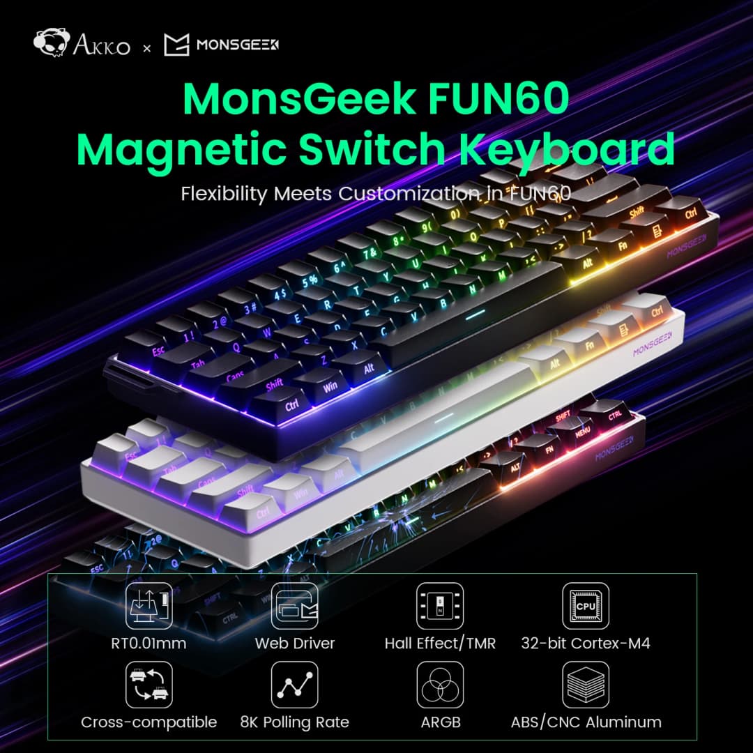 Akko MonsGeek FUN68 FUN60 PRO & MAX HE لوحة المفاتيح المغناطيسية 60% 65% لوحات مفاتيح الألعاب الزناد السريع 8K لوحة المفاتيح المخصصة ألعاب الرياضات الإلكترونية