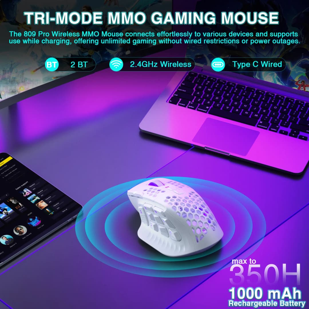 ماوس ألعاب لاسلكي SOLAKAKA SM809 Pro MMO PAW3311، 16 زرًا جانبيًا، 24000 ديسيبل متوحد الخواص، بإضاءة RGB، قابل للبرمجة - 4