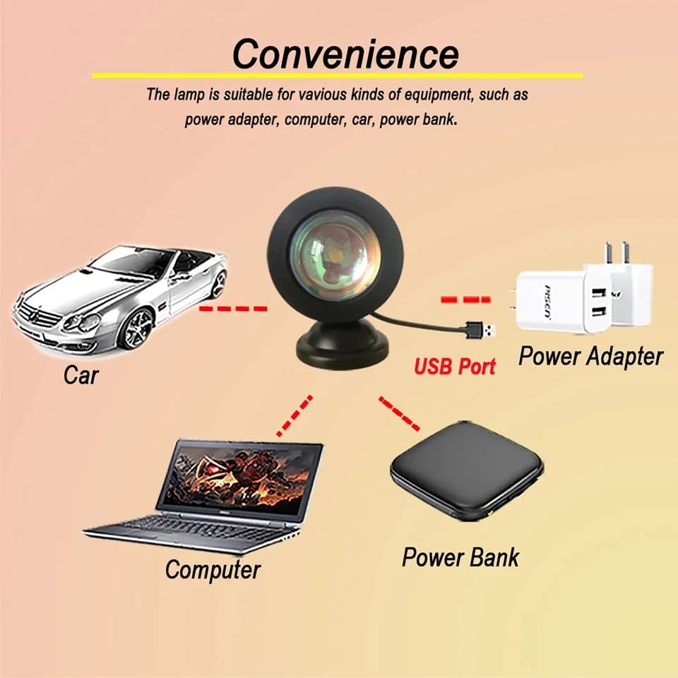 مصباح إسقاط غروب الشمس الصغير LED USB، إضاءة ليلية مع 16 لون، مفتاح قوس قزح، لديكور جدار خلفية غرفة النوم والمنزل، هدية مميزة - 4