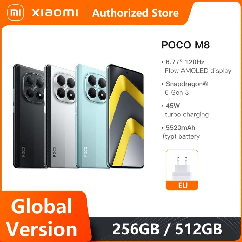 هاتف محمول POCO M8 5G إصدار عالمي، معالج Snapdragon® 6 Gen 3، شاشة Flow AMOLED 6.77 بوصة، بطارية 5520 مللي أمبير، شحن 45 واط، NFC