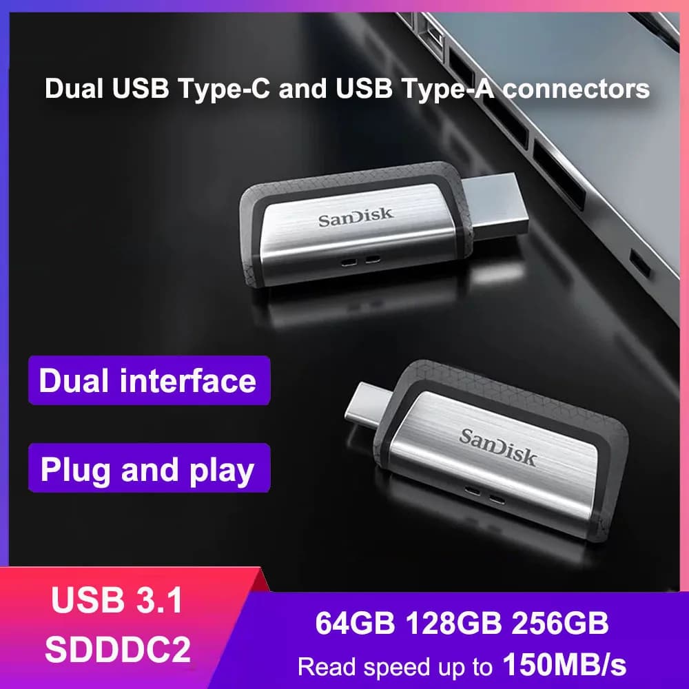 SanDisk SDDDC2 Ultra Dual Drive USB Type-C 64G 128G 256GB OTG USB3.1 performance of up to 150MB/s Dual USB Type-C and USB Type-A