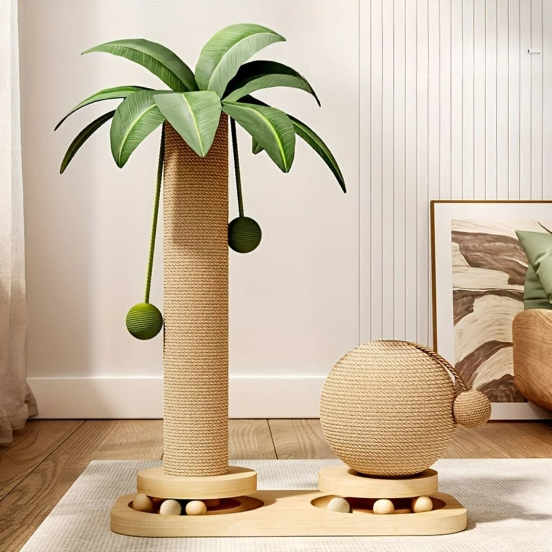 Coconut Tree Cat Scratching Post & Play Tower, 2-in-1 Sisal & Solid Wood Cat Activity Tree with Hanging Balls, Space-Saving