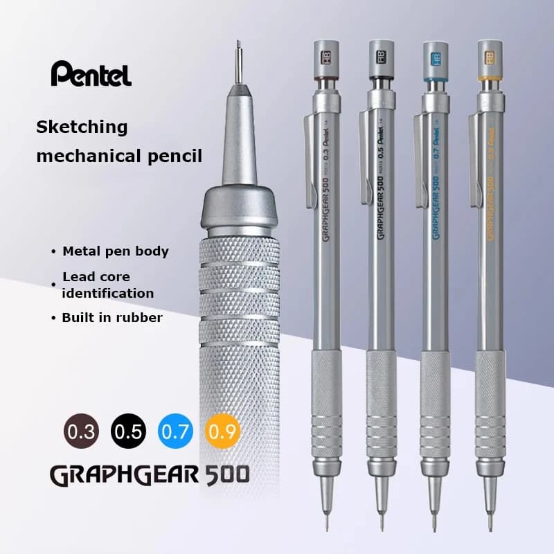 قلم رصاص ميكانيكي للرسم Pentel Graphgear 500 من اليابان 0.3/0.5/0.7/0.9 مم قلم رسم تلقائي بممحاة مدمجة