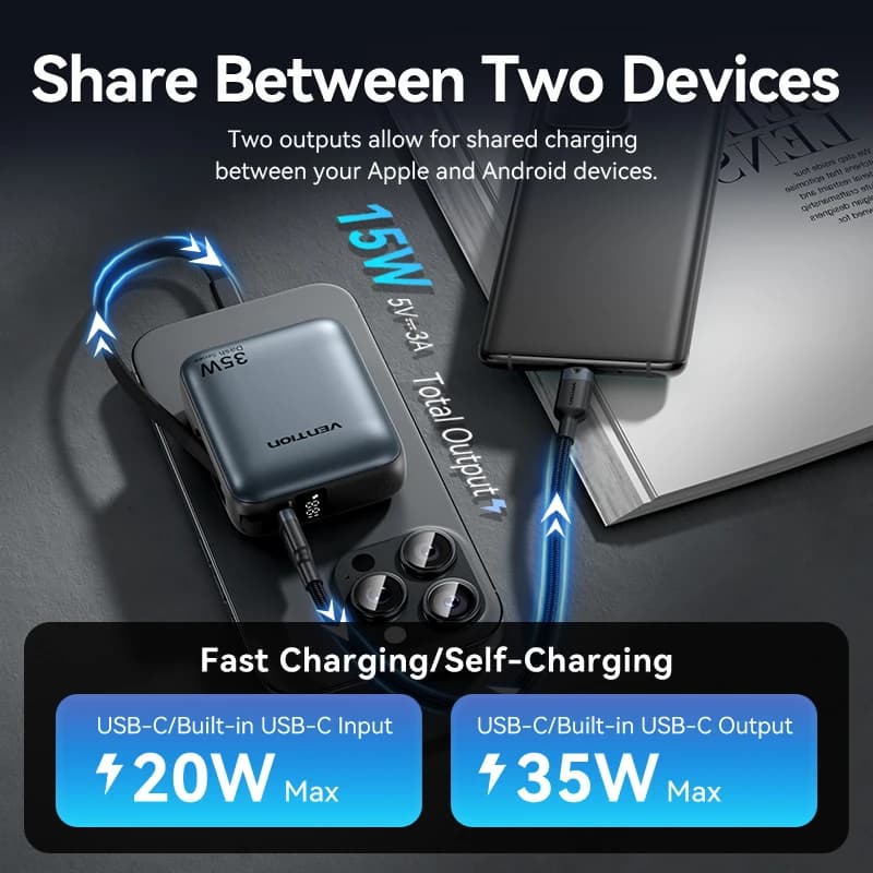 Vention 10000mAh Power Bank Fast Charging PD 35W Portable Mini PowerBank for iPhone 17 16 15 Xiaomi External Battery Charger - 5