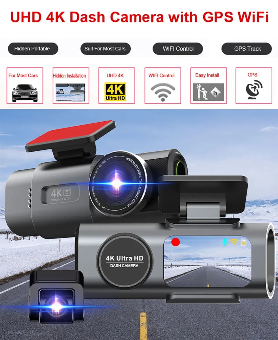 كاميرا سيارة تسجيل 4K UHD كاميرا DVR رؤية ليلية مسجل فيديو مدمج واي فاي دعم GPS مراقبة 24 ساعة - 2
