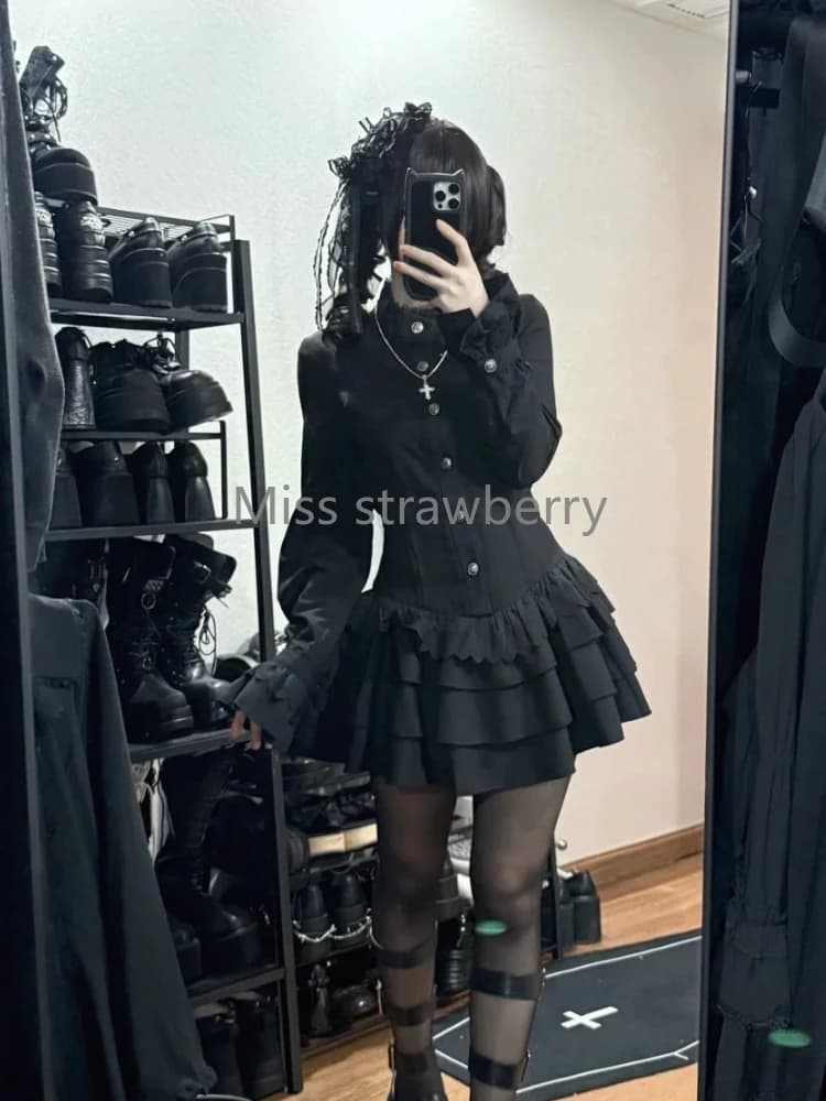 Spring Vintage Gothic Style Lace Up Dress Women Design High Street Black Lolita Slim Dresses 2025 Y2k Lace Long Sleeve Clothing - 2