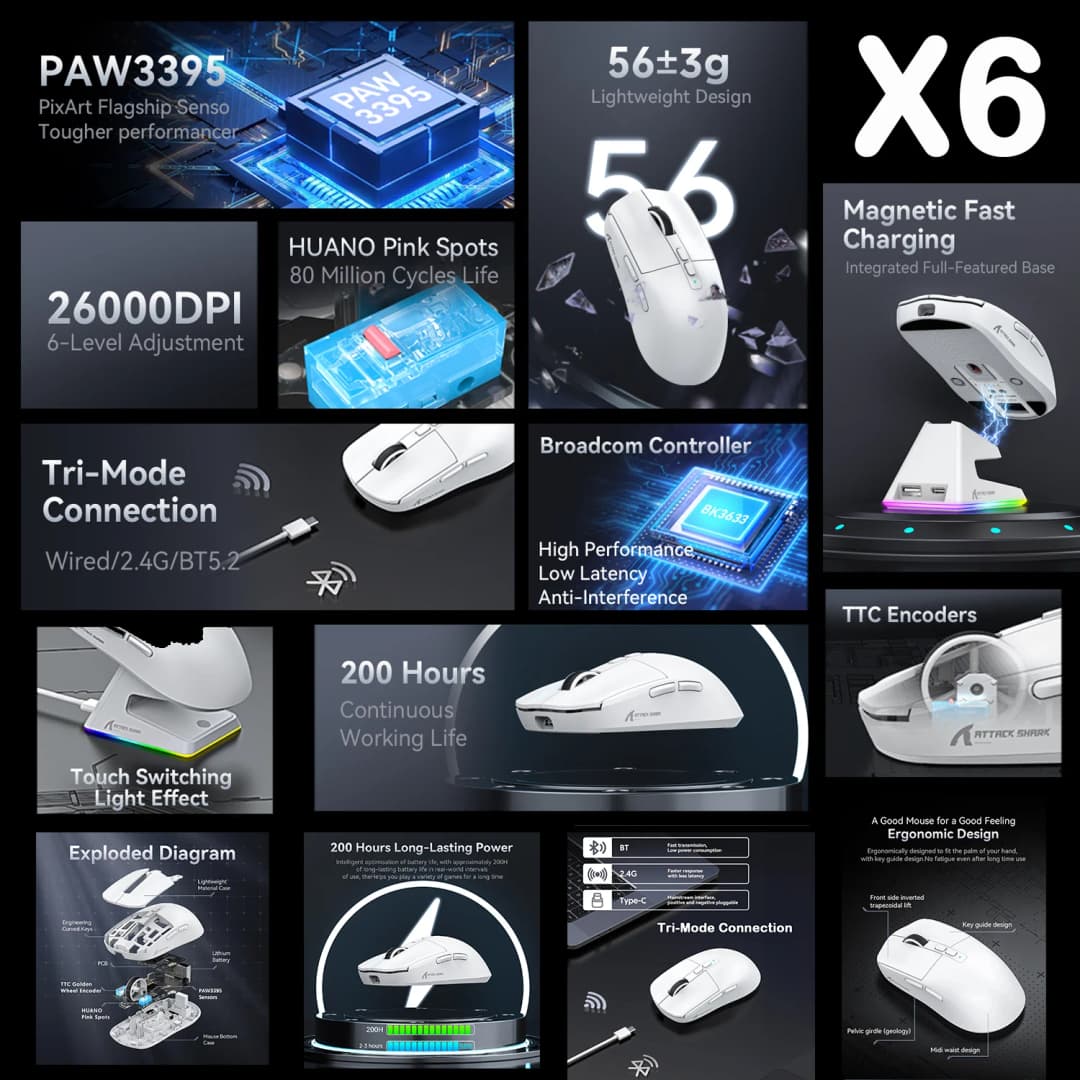 Attack Shark X11 X6 X3 R1 Wireless Gaming Mouse, RGB, Ergonomic, Ultra-Light, Tri-Mode, Macro, PAW3395/PAW3311, 26000 DPI - 3