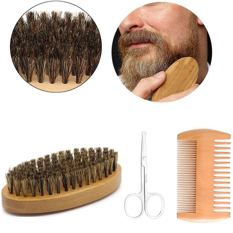 Men's Shaving Brush Set Boar Bristle Portable Barber Natural Beard Brush Comb Scissors for Facial Cleaning Styling Tool - 6
