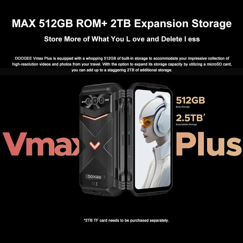 هاتف DOOGEE V Max Plus المتين، شاشة 6.58 بوصة، معالج Dimensity 7050، ذاكرة 36 جيجابايت + 512 جيجابايت، بطارية 22000 مللي أمبير، كاميرا 200 ميجابكسل، نظام أندرويد 14 - 5