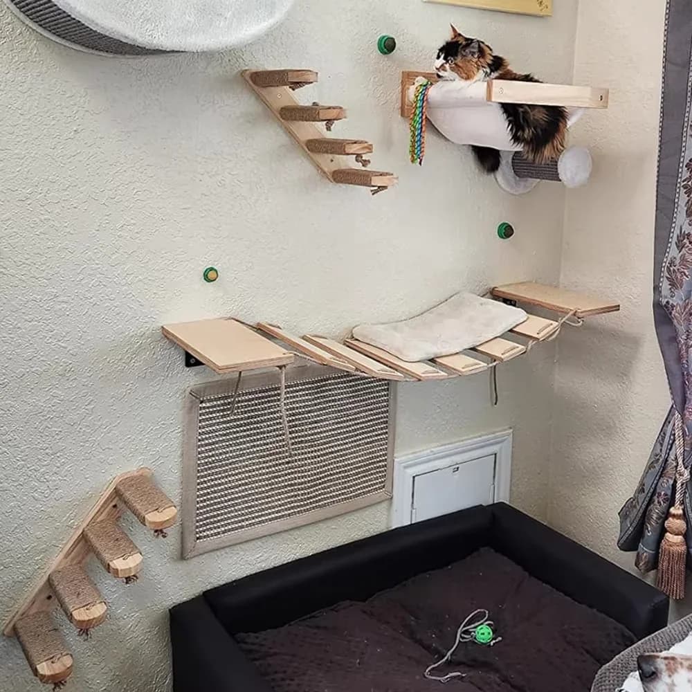 Wooden Cat Climbing Shelves Wall Mounted Cat Tree Sisal Scratching Post Pedal Hammock Indoor Kitten Playground Cats Accessories - 2