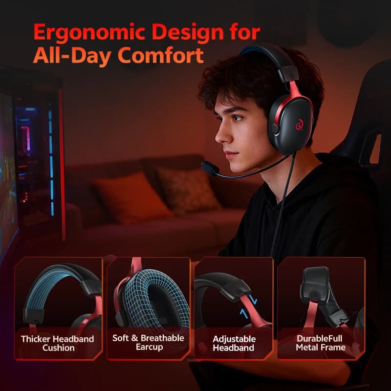 QCY VN200 Pro H7GM USB Gaming Headset with 7.1 Surround Sound Volume Control Wired Multi Platforms Headphone for PC Game Movie - 5