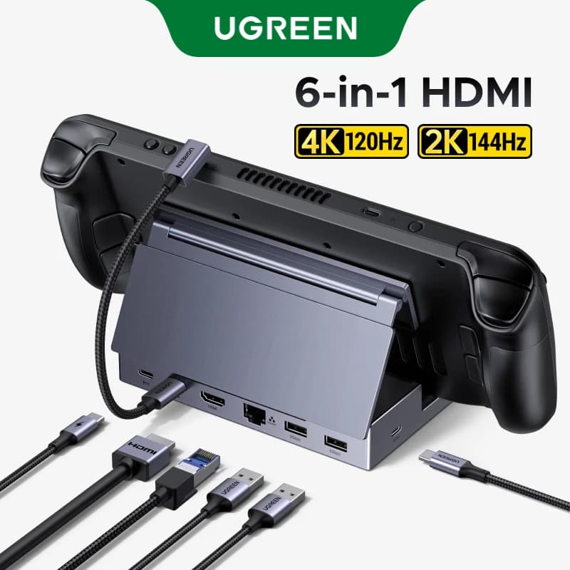 محطة إرساء UGREEN USB C HUB 6 في 1، Type-C إلى HDMI بدقة 4K بمعدل تحديث 120 هرتز، وUSB-A/C PD100W، وRJ45 بسرعة 1000 ميجابت/ثانية لأجهزة ROG Ally Legion