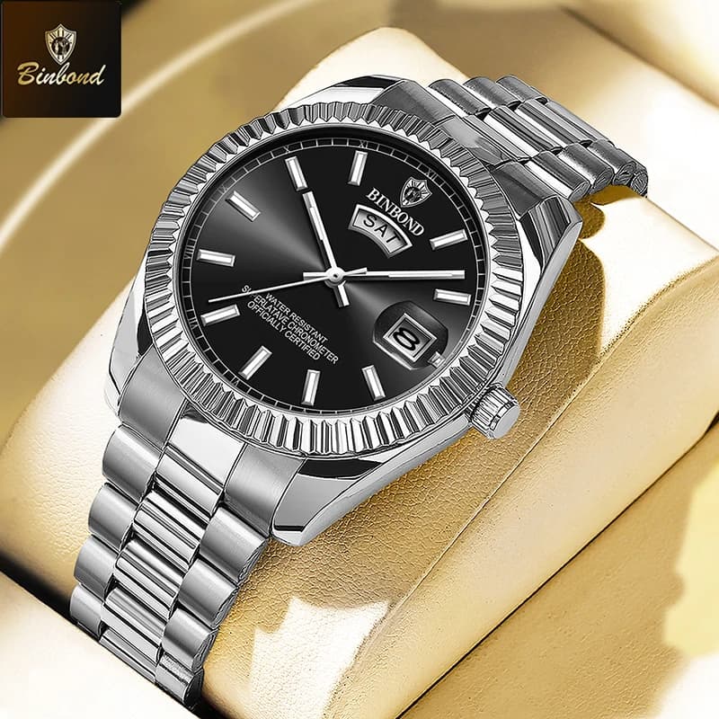 ساعة BINBOND رياضية فاخرة للرجال مقاومة للماء مضيئة بتاريخ كوارتز من الفولاذ المقاوم للصدأ ساعات رجالية ريلوج