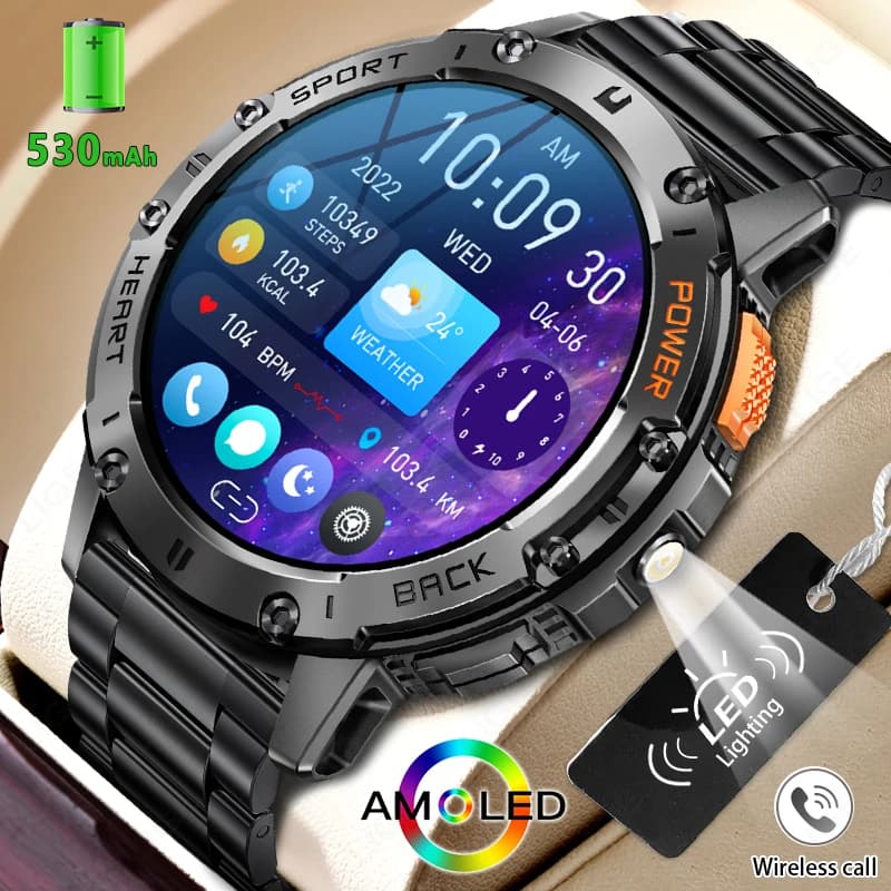 ساعة LIGE الذكية الجديدة بشاشة AMOLED للرجال، مع كشاف، مقاومة للماء، تتبع اللياقة البدنية، مكالمات بلوتوث، ساعة ذكية للرجال، متوافقة مع أندرويد وiOS