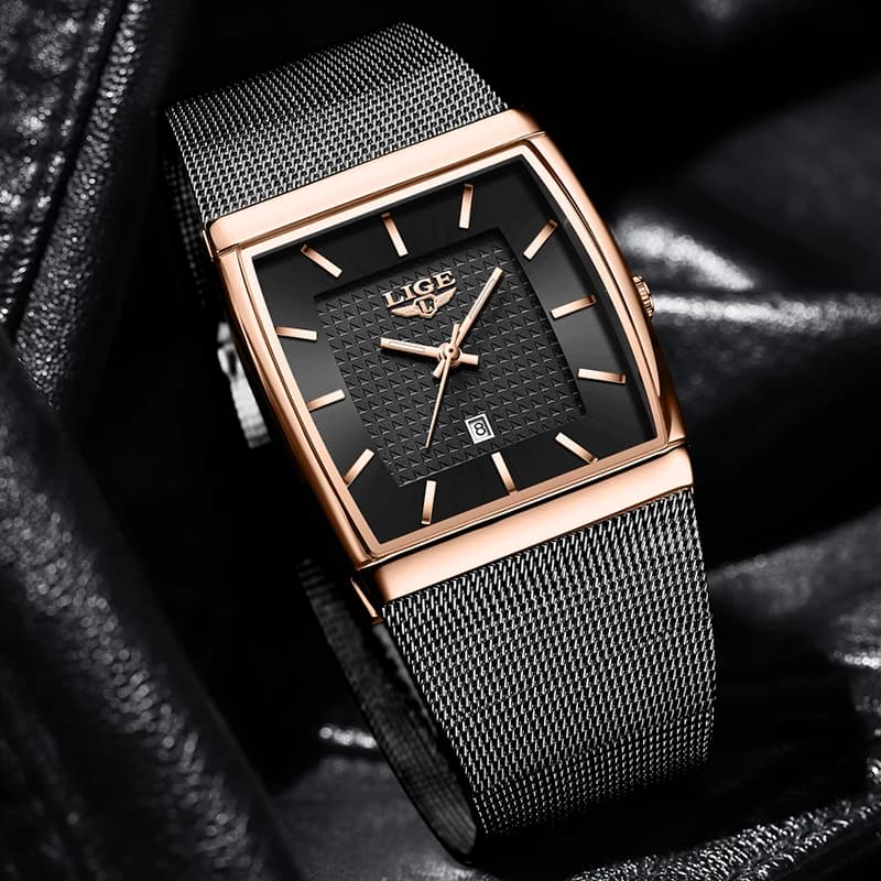 LIGE New Luxury Square Watch For Men Fashion Business Rose Gold Ultra Thin Mesh Waterproof Luminous Men's Quartz Wristwatches - 2