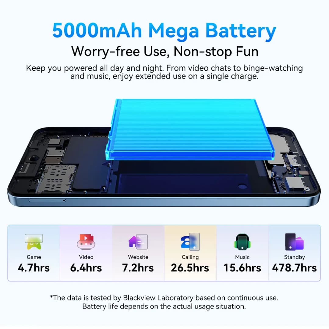 هاتف بلاك فيو كولور 6 الذكي بشاشة 6.67 بوصة، معالج MTK G81، ذاكرة وصول عشوائي 8 جيجابايت، ذاكرة داخلية 128 جيجابايت/256 جيجابايت، كاميرا 50 ميجابكسل، بطارية 5000 مللي أمبير، أندرويد 15 - 5