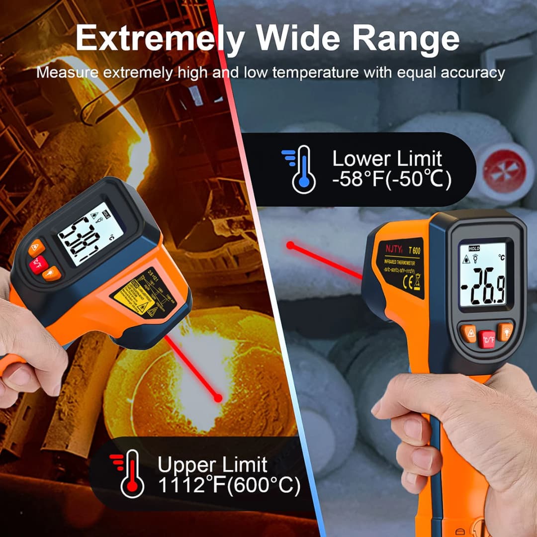 مسدس ميزان حرارة رقمي NJTY T600/T600A بالأشعة تحت الحمراء، نطاق قياس من -58°F إلى 1112°F (-50°C إلى 600°C) مع ليزر صناعي احترافي - 3