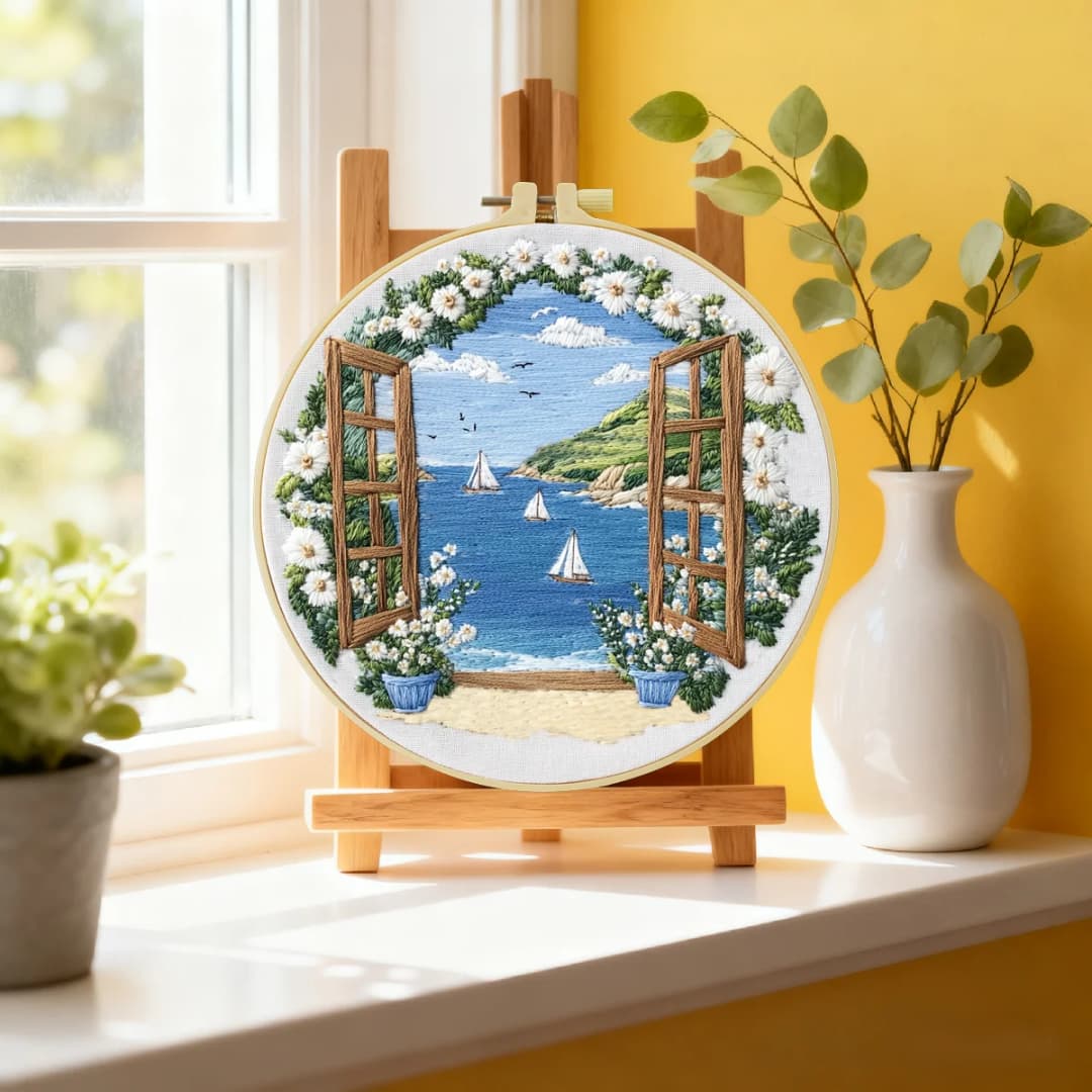 1pc 20X20CM/15X15CM 7.87/6.3inch Embroidery Starter Kit DIY kit Home Decor，Seaside view，Embroidery kit - 2
