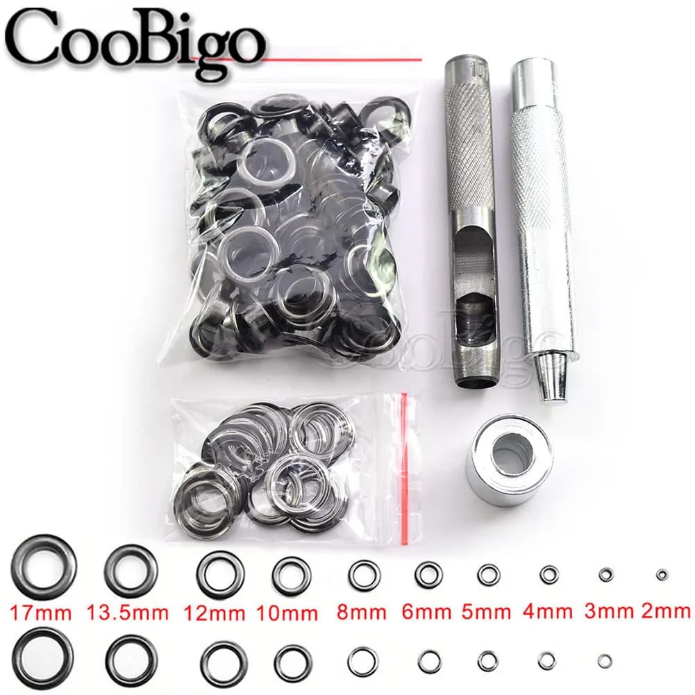 مجموعة أدوات الحلقات المعدنية الحلقات الثقوب لكمة المثبت أداة للملابس الجلدية والأحذية حزام الستار DIY بها بنفسك الاكسسوارات الحرفية الأسود - 2