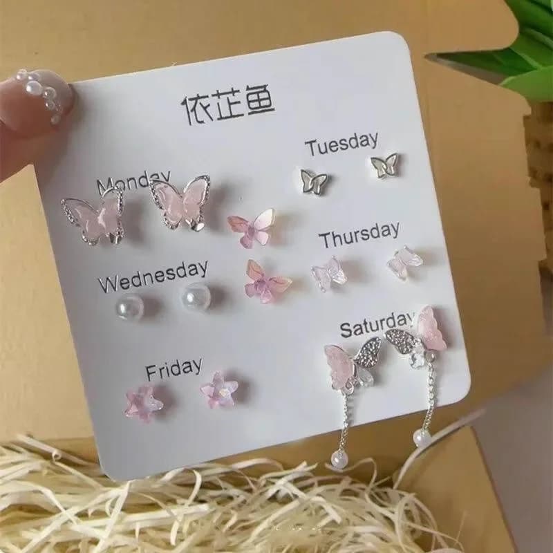 Colorful Flower Butterfly Earrings Seven-piece Set For Women Fashion Personalized Daily Accessory Party Jewelry Birthday Gifts - 6