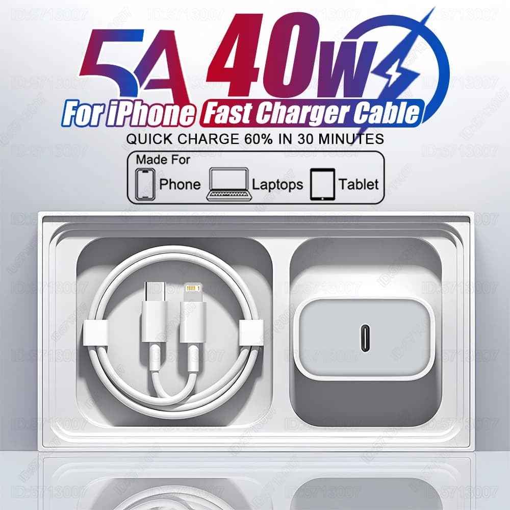 شاحن سريع USB نوع C لهواتف Apple، iPhone 16، 15، 14، 13، 12، 11 Pro Max، XR، XS Plus، كابل شحن PD 40W