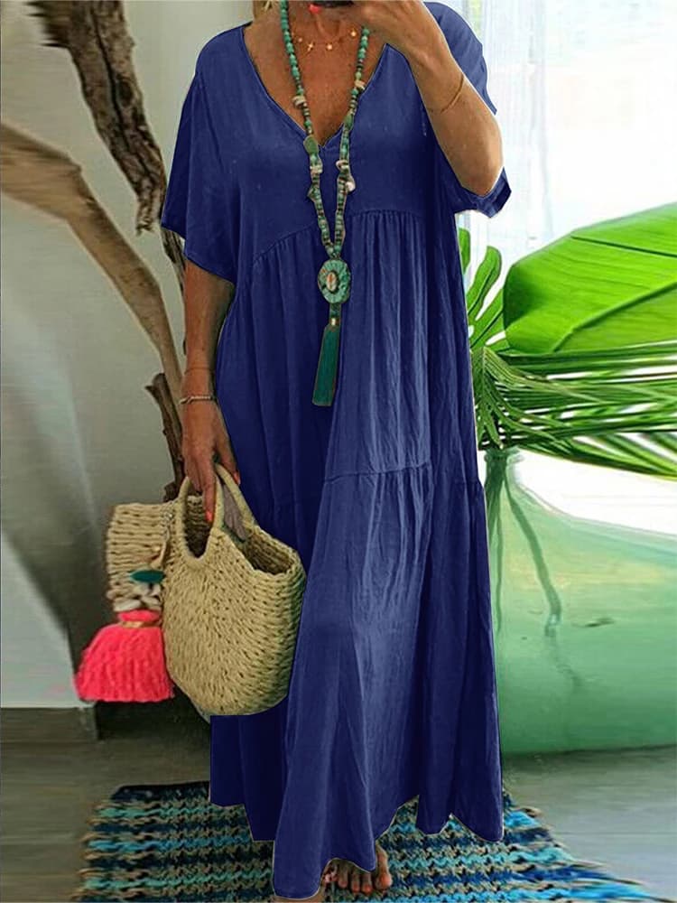 plus Size Women's Casual Loose V-Neck Solid Long Dress Spring Summer Pleated Big Size Women's Dress - 5