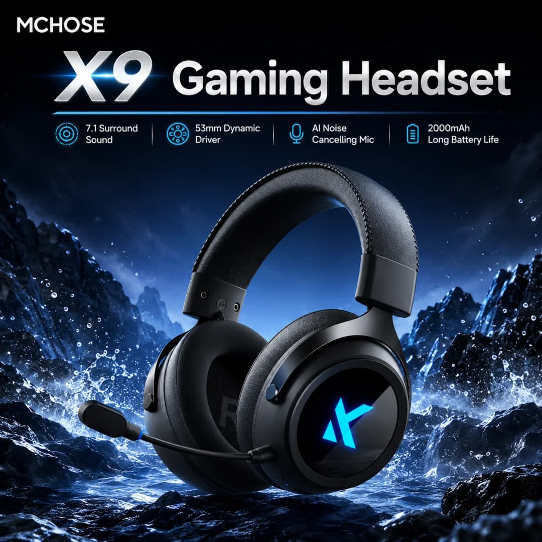MCHOSE X9 Tri-Mode Wireless Gaming Headset, 7.1 Surround Sound Low Latency ANC Mic Over-Ear Headphones for PC