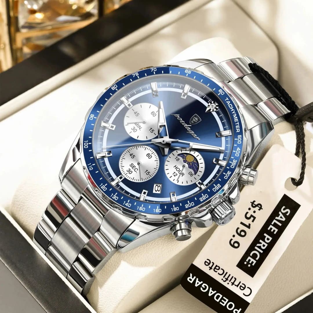 POEDAGAR Luxury Sport Watch For Men Waterproof Luminous Date Chronograph Man Wristwatch Stainless Steel Men's Quartz Watches+Box