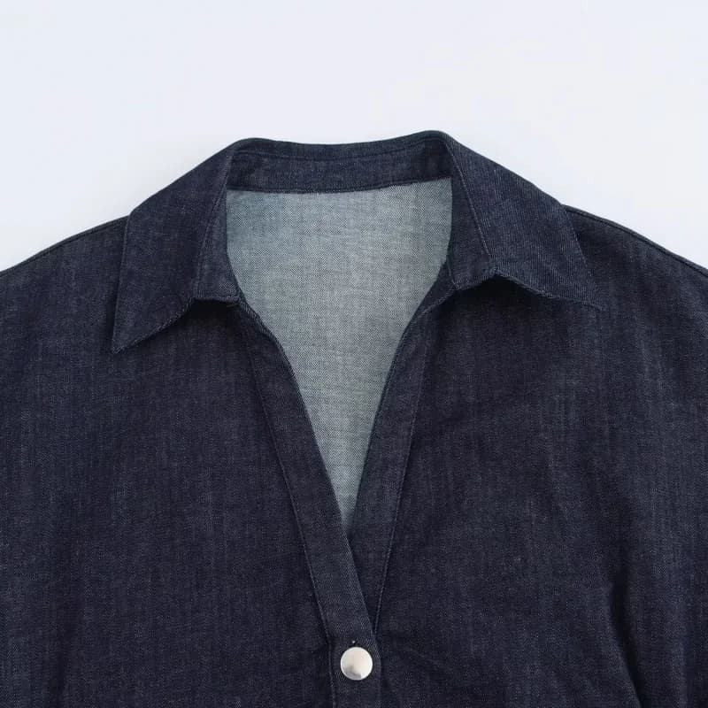 Spring New 1975 series denim MIDI dress with lapel side zipper fashion wrinkle waist slim elegant dress - 4