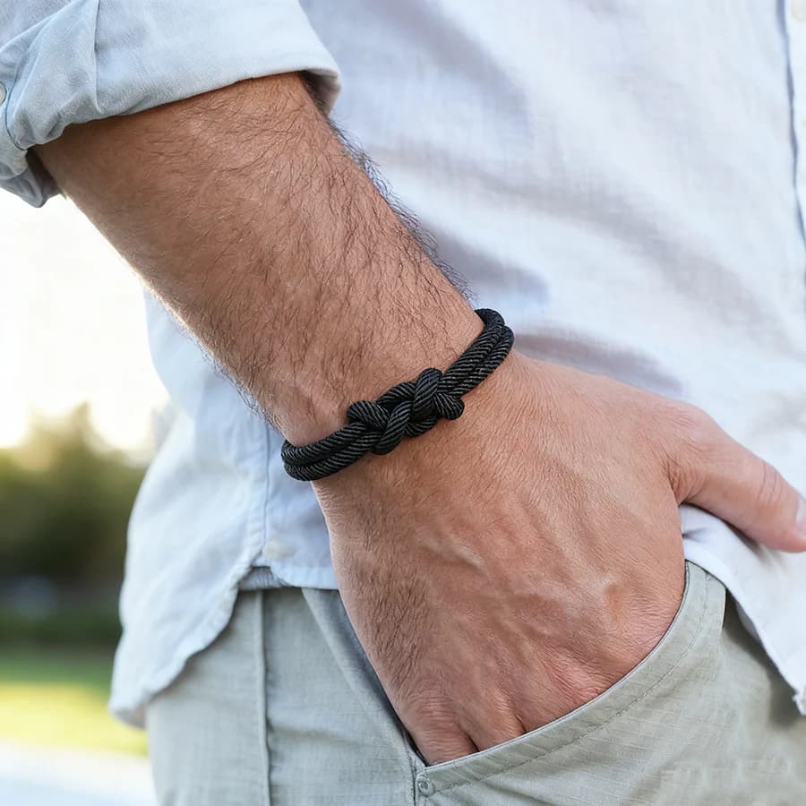 سوار رجالي يدوي الصنع، 6 ألوان متاحة، سوار التفاف من النسيج مع خيط أحمر محظوظ - 2