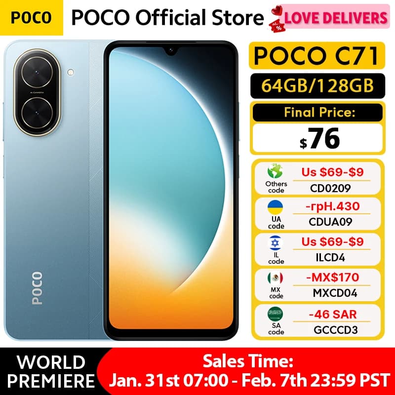 هاتف POCO C71 إصدار عالمي معالج UNISOC T7250 شاشة غامرة 6.88 بوصة شحن 15 واط كاميرا مزدوجة 32 ميجابكسل بطارية 5200 مللي أمبير