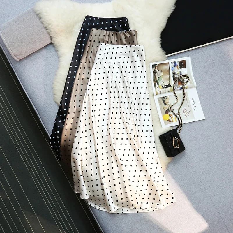 Seoulish Vintage Polka Dot Satin Mermaid Skirts for Women 2026 New Spring Summer High Waist Casual Mid Length Women's Skirts